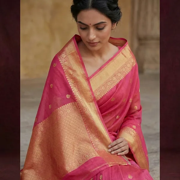 Tangail_Handloom_Cotton_Banarasi_Saree_In_Watermelon_Pink_And_Gold_Zari_Work