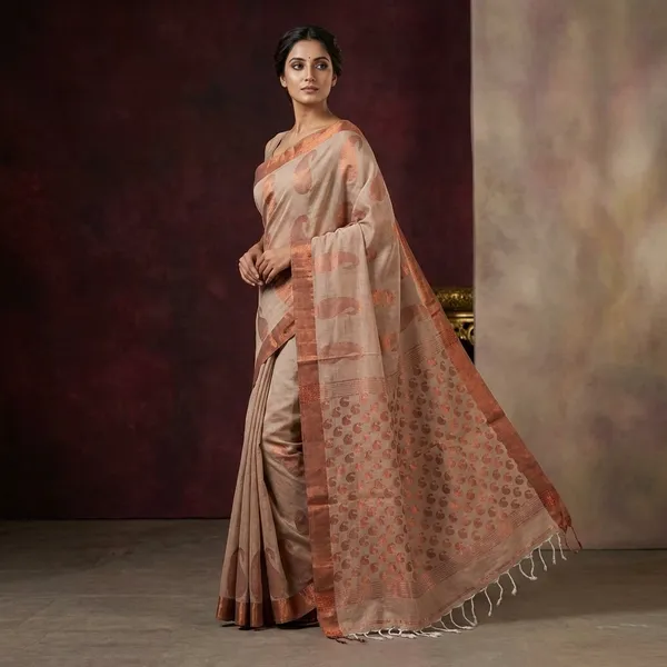 Premium_Quality_Double_Warp_Soft_Pure_Cotton_Saree_In_Beige_And_Copper_Zari_Work