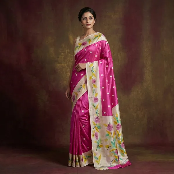 Embroidery_Work_Soft_Kosa_Silk_Saree_In_Fuschia_Beige_And_Multicolor