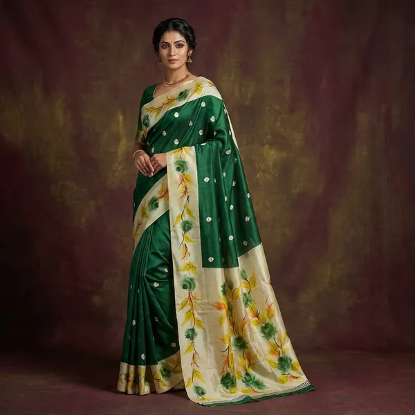 Embroidery_Work_Soft_Kosa_Silk_Saree_In_Phthalo_Green_Beige_And_Multicolor