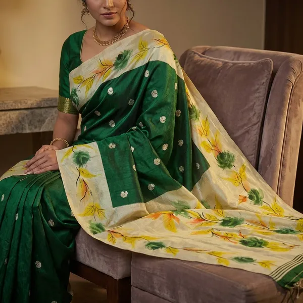 Embroidery_Work_Soft_Kosa_Silk_Saree_In_Phthalo_Green_Beige_And_Multicolor
