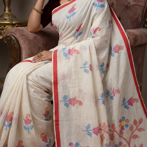 Premium_Quality_Hand_Work_Cotton_Dhakai_Jamdani_Saree_In_Off_White_Red_And_Multicolor_Woven_Thread_Work