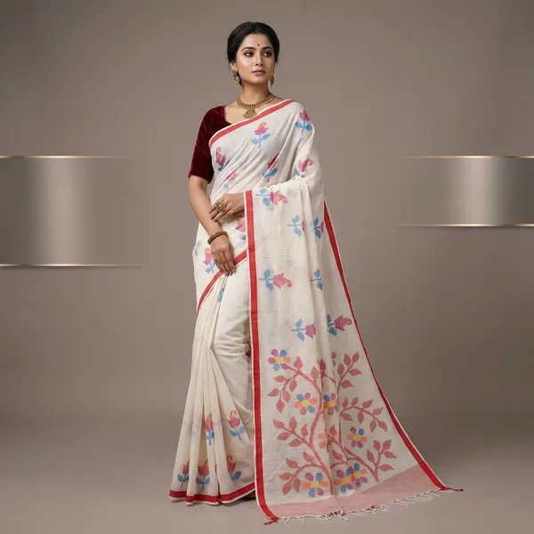 Premium_Quality_Hand_Work_Cotton_Dhakai_Jamdani_Saree_In_Off_White_Red_And_Multicolor_Woven_Thread_Work