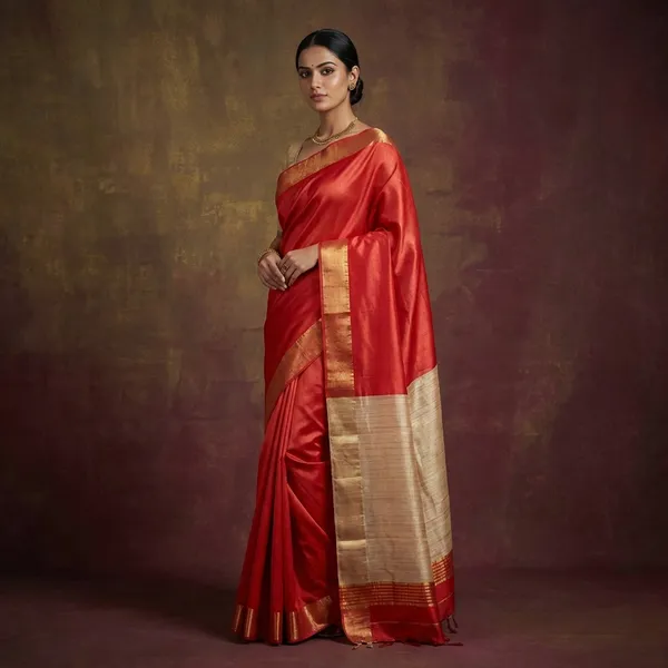 Soft_Bhagalpuri_Silk_Saree_With_Natural_Ghicha_Tussar_Pallu_In_Red_And_Brush_Gold_Zari_Work