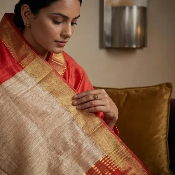 Soft_Bhagalpuri_Silk_Saree_With_Natural_Ghicha_Tussar_Pallu_In_Red_And_Brush_Gold_Zari_Work