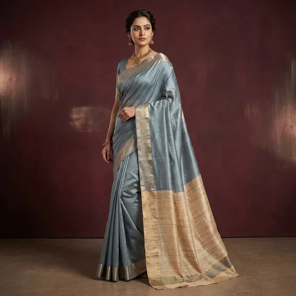 Soft_Bhagalpuri_Silk_Saree_With_Natural_Ghicha_Tussar_Pallu_In_Slate_Grey_And_Brush_Gold_Zari_Work