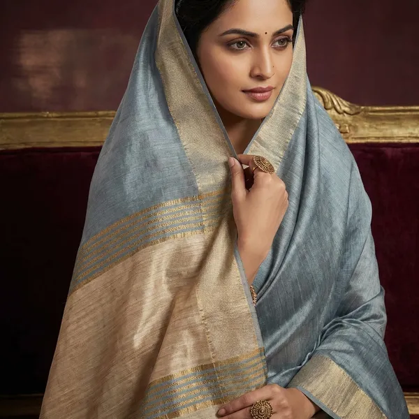 Soft_Bhagalpuri_Silk_Saree_With_Natural_Ghicha_Tussar_Pallu_In_Slate_Grey_And_Brush_Gold_Zari_Work