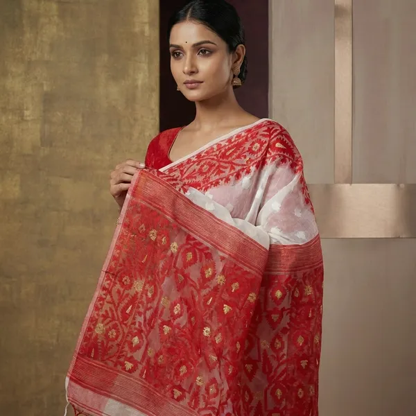 Solapuri_Self_Work_Contrast_Border_Cotton_Muslin_Jamdani_Saree_In_White_Red_And_Gold