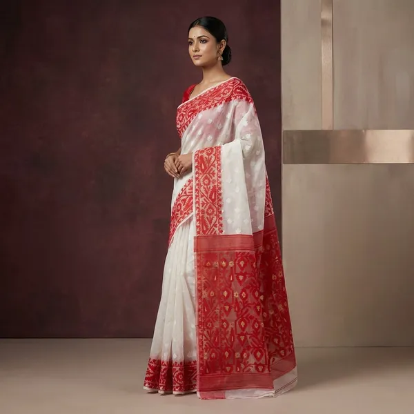Solapuri_Self_Work_Contrast_Border_Cotton_Muslin_Jamdani_Saree_In_White_Red_And_Gold