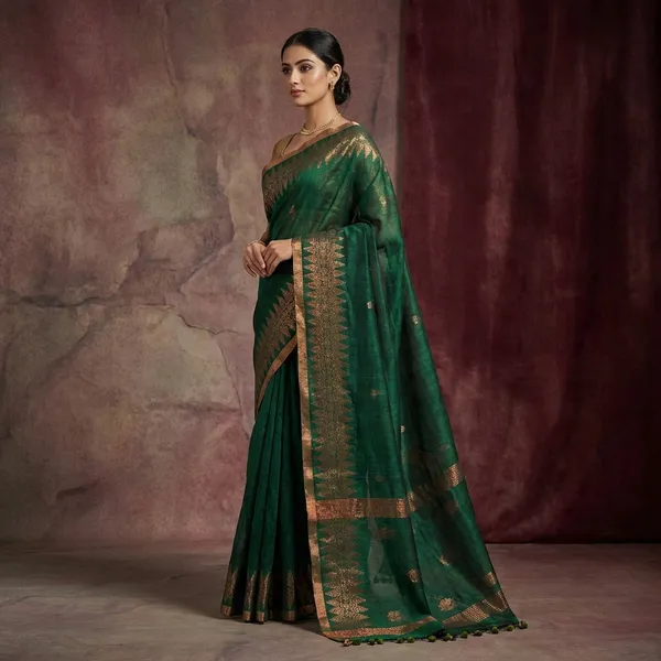 Hand_Woven_Linen_Kanchipuram_Saree_In_Cadmium_Green_And_Copper