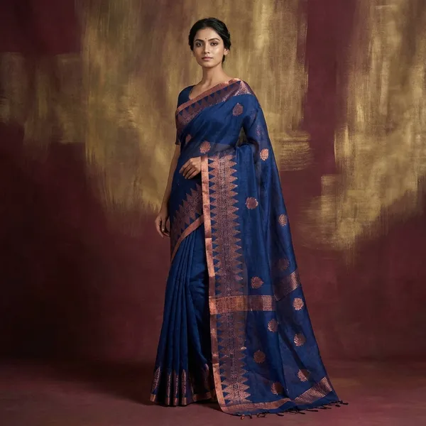Hand_Woven_Linen_Kanchipuram_Saree_In_Prussian_Blue_And_Copper