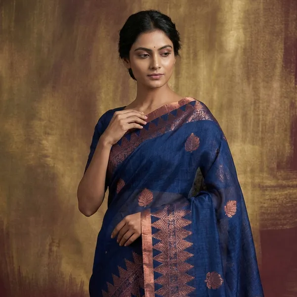 Hand_Woven_Linen_Kanchipuram_Saree_In_Prussian_Blue_And_Copper