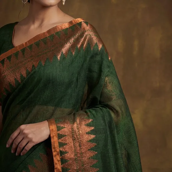 Hand_Woven_Linen_Kanchipuram_Saree_In_Juniper_Green_And_Copper