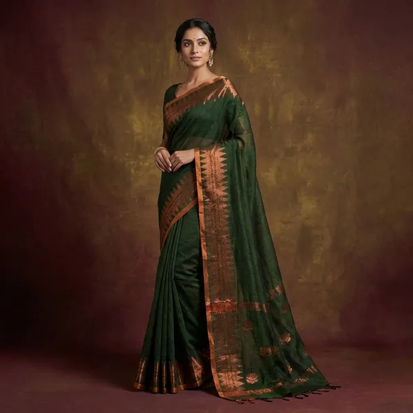 Hand_Woven_Linen_Kanchipuram_Saree_In_Juniper_Green_And_Copper