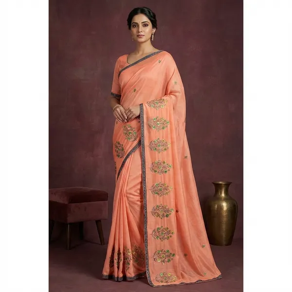 Embroidery_Work_Semi_Georgette_Saree_In_Soap_Orange_Black_And_Multicolor