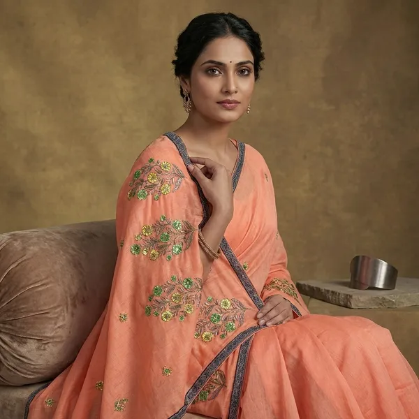 Embroidery_Work_Semi_Georgette_Saree_In_Soap_Orange_Black_And_Multicolor