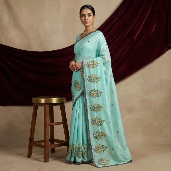 Embroidery_Work_Semi_Georgette_Saree_In_Seafoam_Green_Black_And_Multicolor