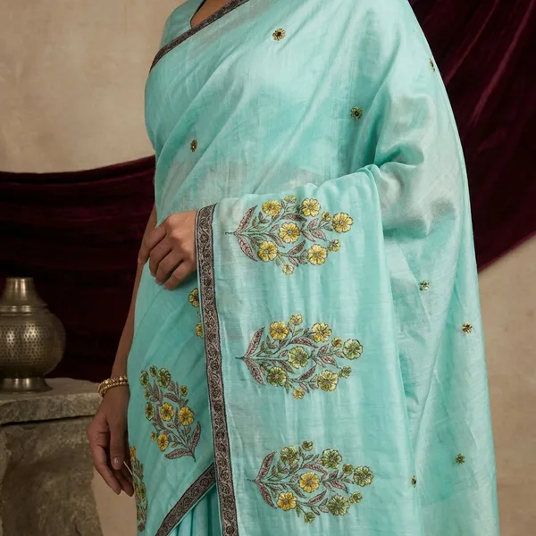 Embroidery_Work_Semi_Georgette_Saree_In_Seafoam_Green_Black_And_Multicolor