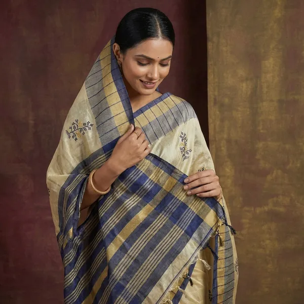 Embroidery_Work_Soft_Kosa_Silk_Saree_In_Cream_Khaki_And_Navy_Blue_Thread_Work
