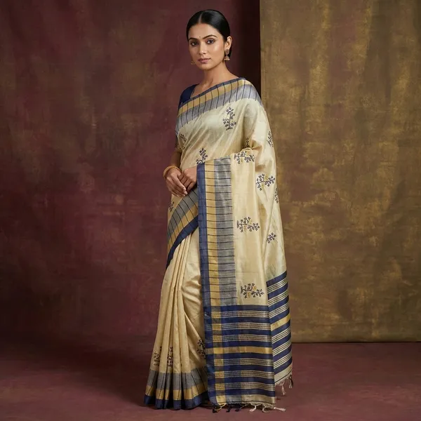 Embroidery_Work_Soft_Kosa_Silk_Saree_In_Cream_Khaki_And_Navy_Blue_Thread_Work