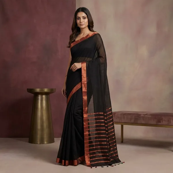 Smart_Linen_Saree_With_Stripe_Pallu_In_Dark_Brown_And_Copper_Zari