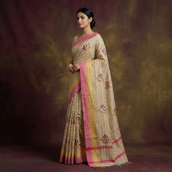 Embroidery_Work_Semi_Tussar_Saree_In_Beige_And_Pastel_Pink