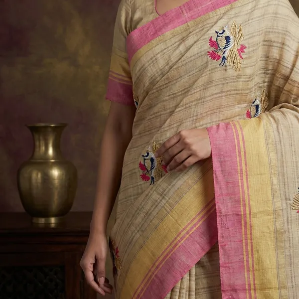 Embroidery_Work_Semi_Tussar_Saree_In_Beige_And_Pastel_Pink