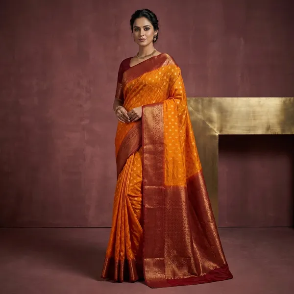 Soft_Semi_Georgette_Banarasi_Saree_In_Gold_Ochre_Dark_Red_And_Antique_Golden