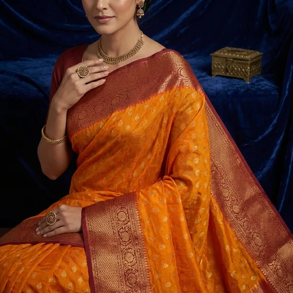 Soft_Semi_Georgette_Banarasi_Saree_In_Gold_Ochre_Dark_Red_And_Antique_Golden
