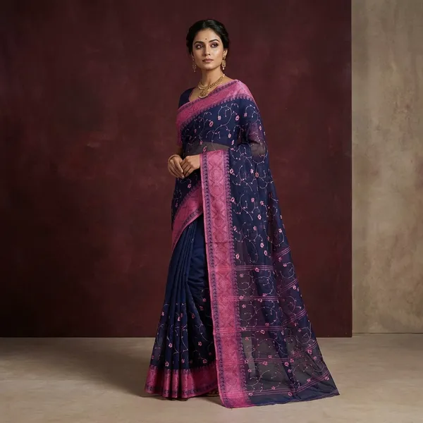 Bengal_Handloom_Cotton_Saree_With_Floral_Jaal_Embroidery_Work_In_Midnight_Blue_And_Pink
