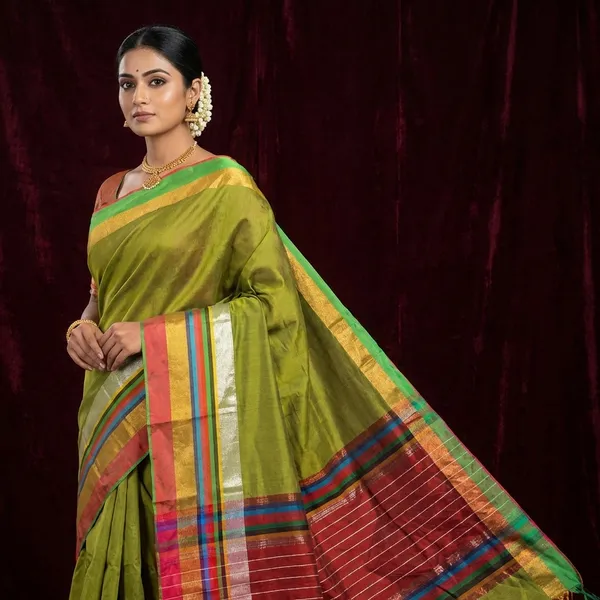 Maheshwari_Cotton_Silk_Saree_In_Apple_Green_Red_And_Multicolor