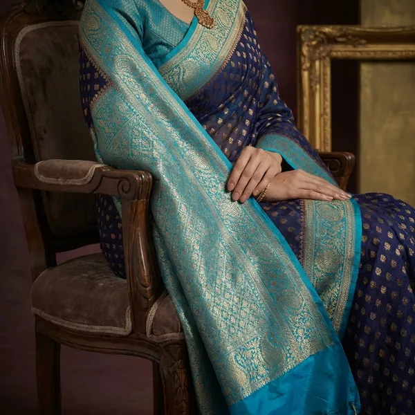 Medium_Border_Soft_Semi_Georgette_Banarasi_Saree_In_Midnight_Blue_Azure_Blue_And_Antique_Golden