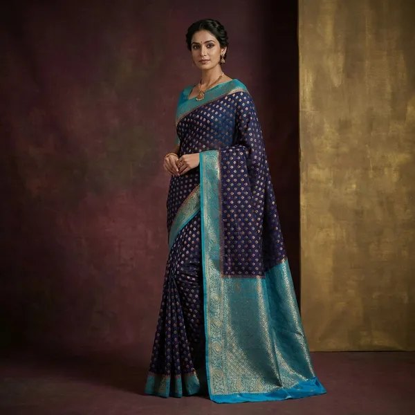 Medium_Border_Soft_Semi_Georgette_Banarasi_Saree_In_Midnight_Blue_Azure_Blue_And_Antique_Golden