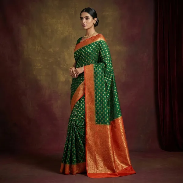 Medium_Border_Soft_Semi_Georgette_Banarasi_Saree_In_Dark_Green_Dark_Red_And_Antique_Golden
