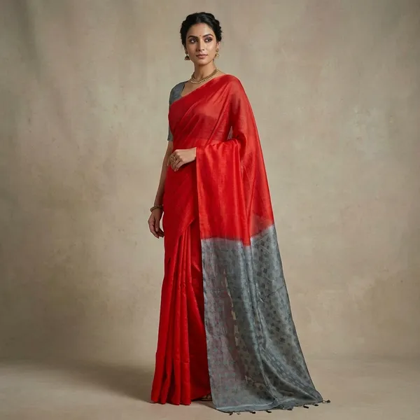 Soft_Bhagalpuri_Silk_Saree_With_Woven_Floral_Muslin_Pallu_In_Red_And_Light_Grey