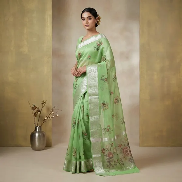 Digital_Printed_Handloom_Kora_Silk_Banarasi_Saree_In_Mint_Green_Multicolor_And_Antique_Silver_Zari