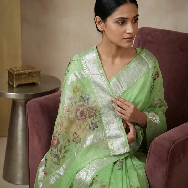Digital_Printed_Handloom_Kora_Silk_Banarasi_Saree_In_Mint_Green_Multicolor_And_Antique_Silver_Zari