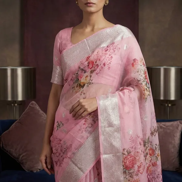 Digital_Printed_Pure_Georgette_Banarasi_Saree_In_English_Pink_Multicolor_And_Silver_Zari_Work
