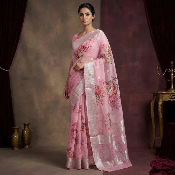 Digital_Printed_Pure_Georgette_Banarasi_Saree_In_English_Pink_Multicolor_And_Silver_Zari_Work