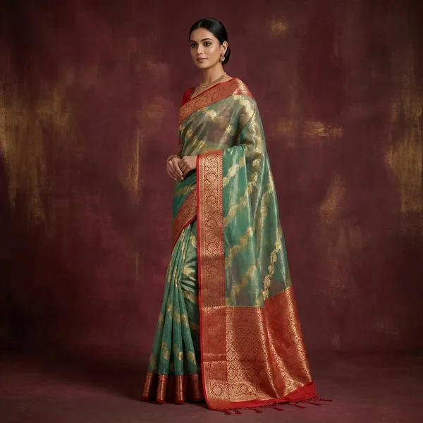 Tissue_Banarasi_Silk_Saree_In_Pastel_Green_Red_And_Matte_Gold