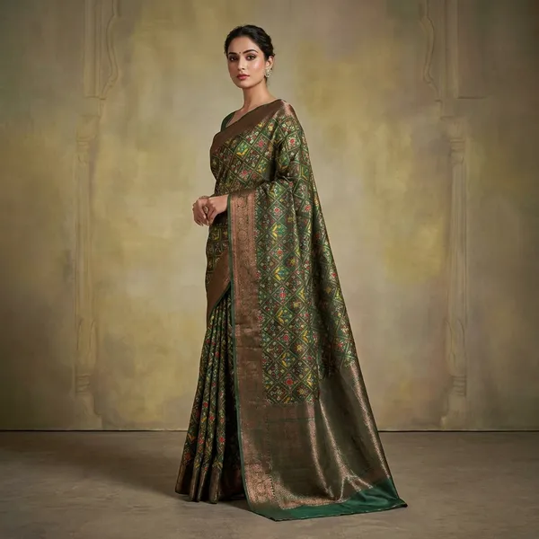 Printed_Patola_Tussar_Banarasi_Saree_In_Pine_Green_Multicolor_And_Gold_Zari_Work