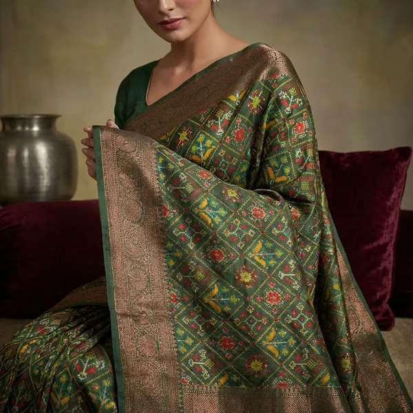Printed_Patola_Tussar_Banarasi_Saree_In_Pine_Green_Multicolor_And_Gold_Zari_Work