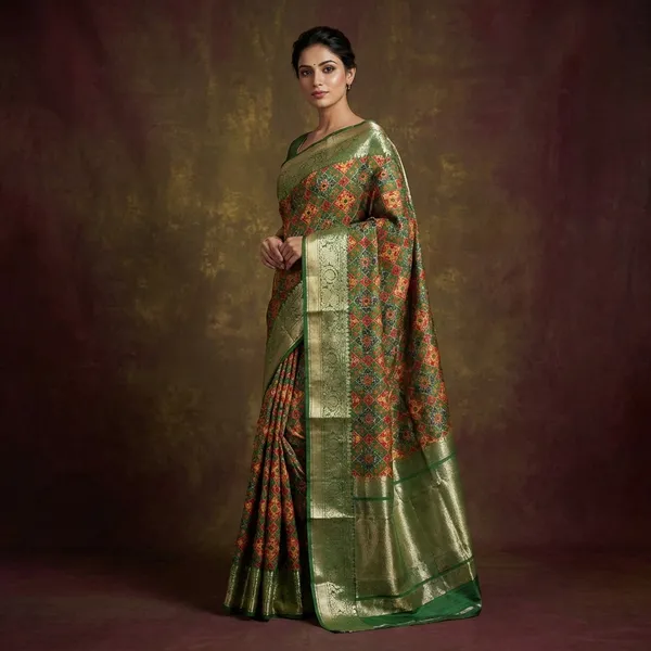 Printed_Patola_Tussar_Banarasi_Saree_In_Forest_Green_Red_Yellow_Blue_And_Gold_Zari_Work