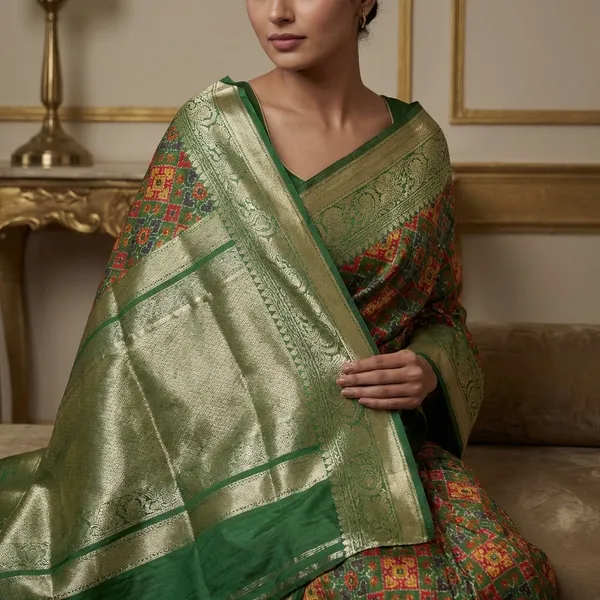 Printed_Patola_Tussar_Banarasi_Saree_In_Forest_Green_Red_Yellow_Blue_And_Gold_Zari_Work