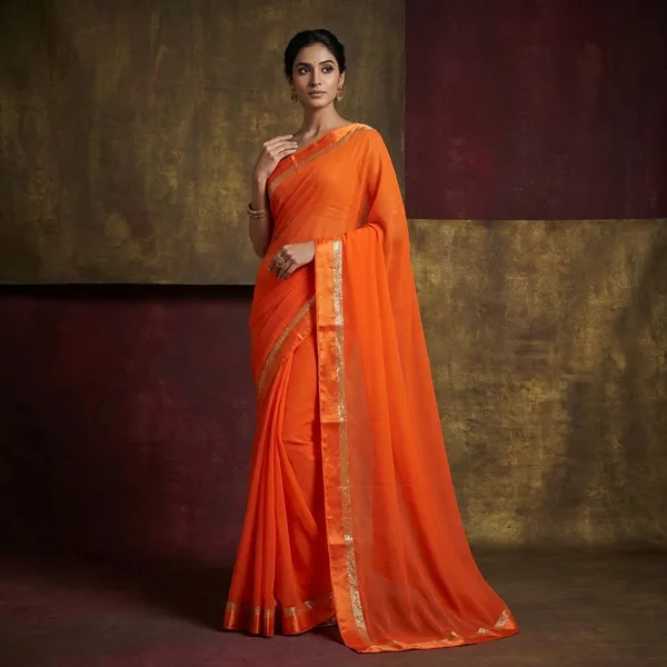 Designer_Dual_Shaded_Georgette_Saree_In_Orange_And_Silver_Zari_Work