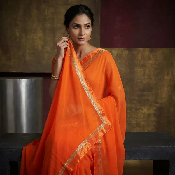 Designer_Dual_Shaded_Georgette_Saree_In_Orange_And_Silver_Zari_Work