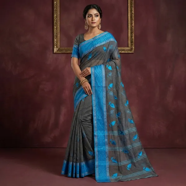 Bengal_Handloom_Cotton_Saree_With_Leaf_Motif_Embroidery_Work_In_Dark_Grey_And_Blue