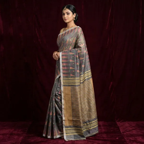 Designer_Geometric_Pattern_Jamdani_Saree_In_Dark_Grey_Beige_And_Magenta_Thread_Work