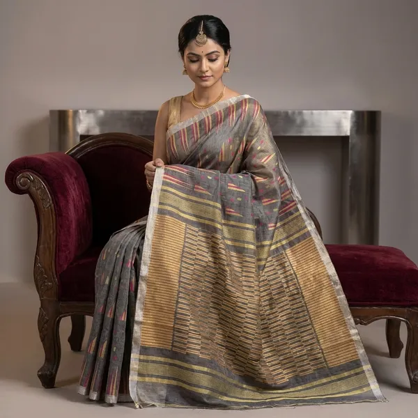 Designer_Geometric_Pattern_Jamdani_Saree_In_Dark_Grey_Beige_And_Magenta_Thread_Work