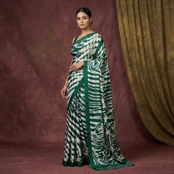 Printed_Soft_Crepe_Silk_Saree_In_Pale_White_Dark_Green_And_Russian_Green